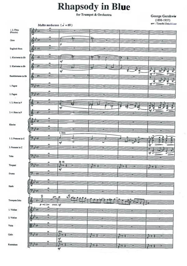 Gershwin, George  - Rhapsody in Blue for trumpet & orchestra arr. T. Dokshizer (orchestra score)